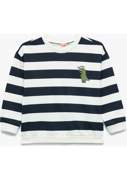 Pamuklu Şardonlu Uzun Kollu Bisiklet Yaka Çizgili Sweatshirt