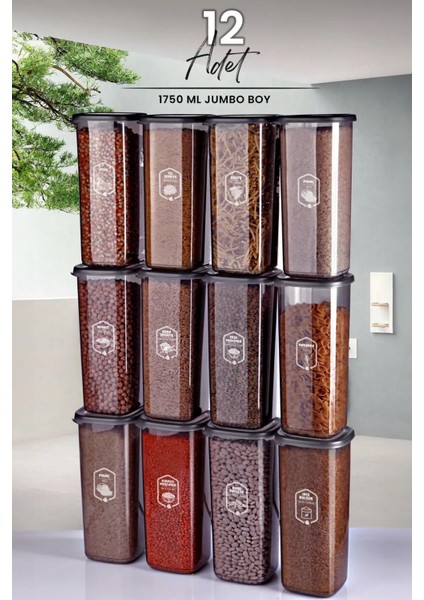 12'li Geniş Kare Saklama Kabı Seti, 1750 Ml, Sert Kapak, Gri Renk