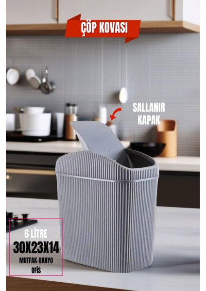 6 Lt Gri Çok Amaçlı Çöp Kovası, Mutfak, Banyo, Ofis Için Şık ve Kullanışlı