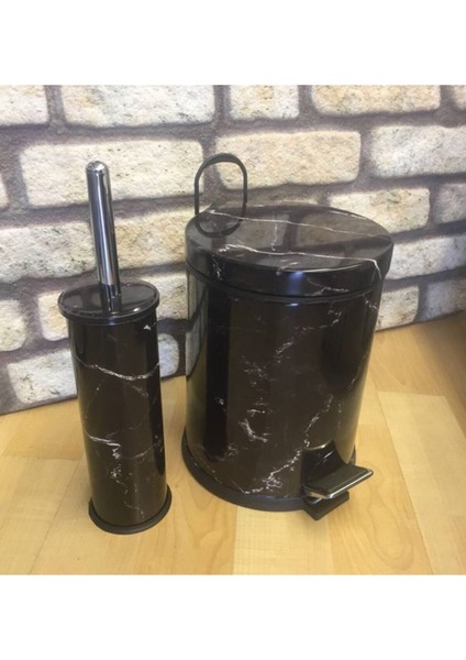 Mermer Desenli Çöp Kovası ve Klozet Fırçası Seti, 5 Litre, Siyah