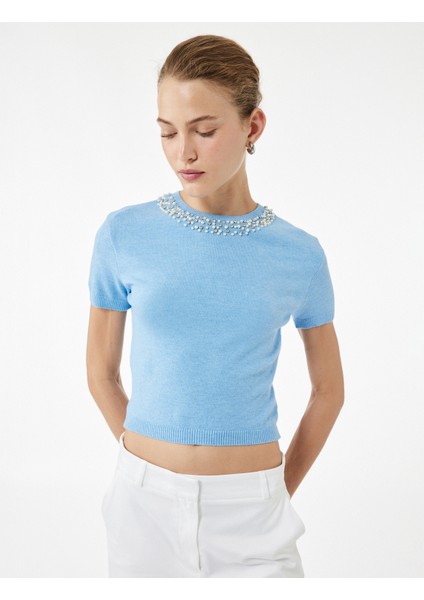 Viskon Karışımlı Boncuk Detaylı Kısa Kollu Triko Kazak