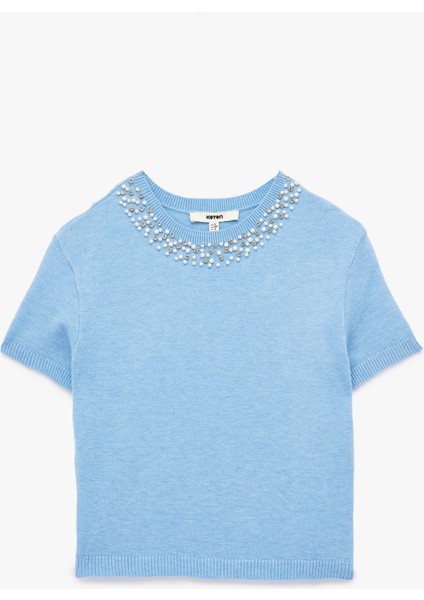 Viskon Karışımlı Boncuk Detaylı Kısa Kollu Triko Kazak modelleri