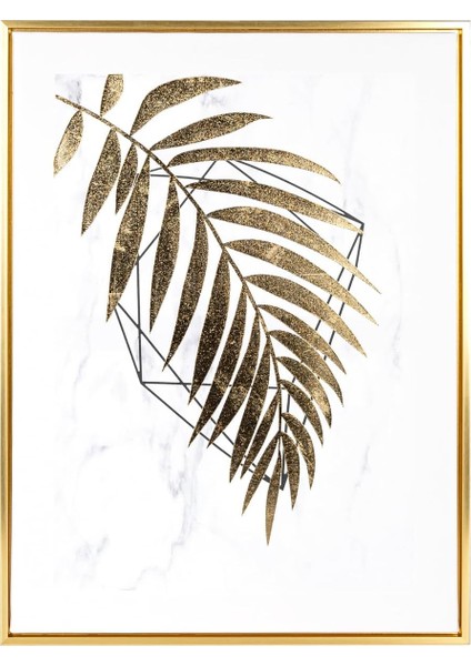 Gold Renk Ahşap Çerçeveli Gold Kabartmalı Palmiye Yaprağı Kanvas Tablo Gold-Beyaz 45X2,5X60 Cm.