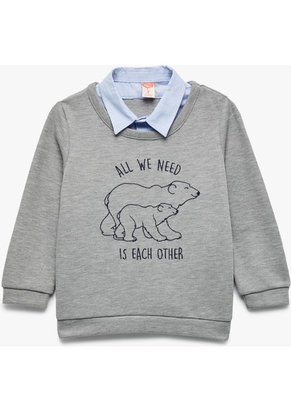 Uzun Kollu Gömlek Yaka Baskılı Sweatshirt