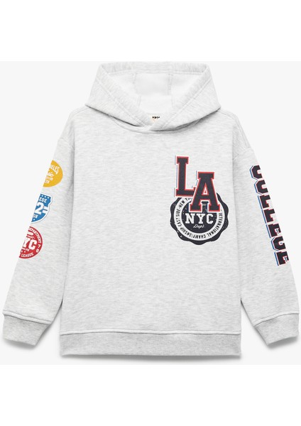 Baskılı Uzun Kollu Şardonlu Kapşonlu Sweatshirt