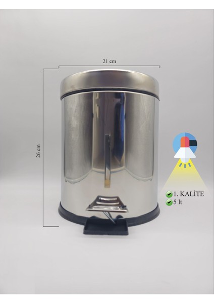Parlak Krom Pedal Çöp Kovası, Paslanmaz Çelik, 5 Litre, Şık ve Dayanıklı Tasarım