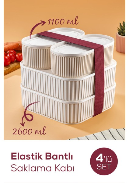 4'lü Elastik Bantlı, Istiflenebilir Pratik Saklama Kabı Seti, 2X(1100 Ml), 2X(2600 Ml), Bej