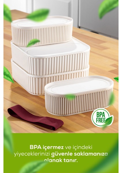 4'lü Elastik Bantlı, Istiflenebilir Pratik Saklama Kabı Seti, 2X(1100 Ml), 2X(2600 Ml), Bej fiyatları