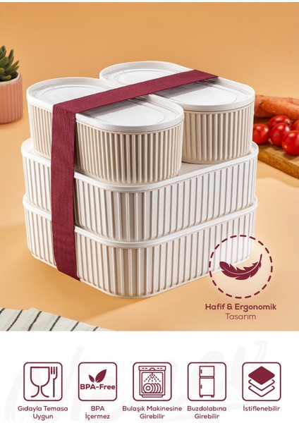 4'lü Elastik Bantlı, Istiflenebilir Pratik Saklama Kabı Seti, 2X(1100 Ml), 2X(2600 Ml), Bej modelleri