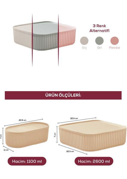 4'lü Elastik Bantlı, Istiflenebilir Pratik Saklama Kabı Seti, 2X(1100 Ml), 2X(2600 Ml), Bej indirimleri