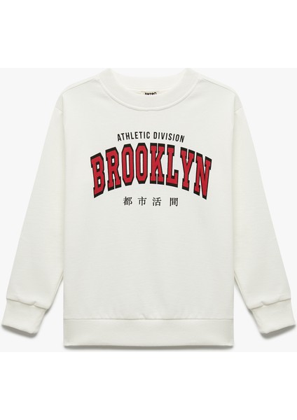 Şardonlu Uzun Kollu Bisiklet Yaka Baskılı Oversize Sweatshirt