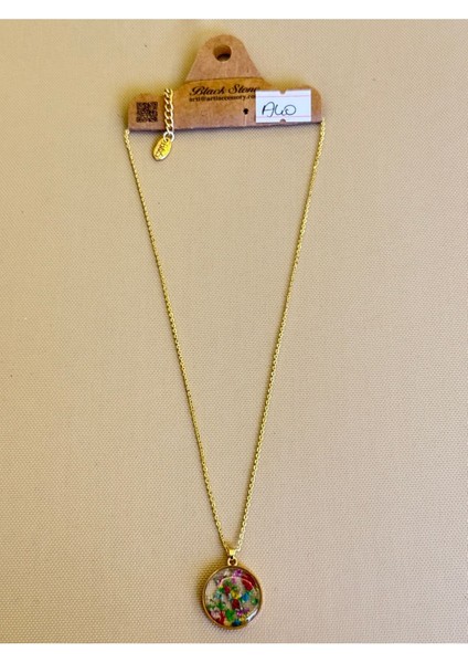 Gerçek Renkli Çiçekli Yuvarlak Cam Kolye – Altın Renk Zincirli