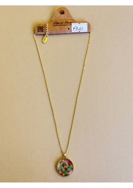 Gerçek Renkli Çiçekli Yuvarlak Cam Kolye – Altın Renk Zincirli fiyatları