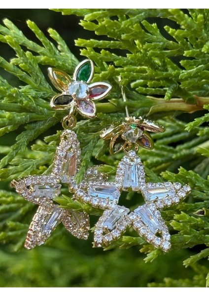 Renkli Taşlı Yıldız Tasarım Sallantılı Küpe L Işıltılı ve Zarif Aksesuar