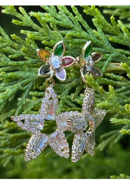 Renkli Taşlı Yıldız Tasarım Sallantılı Küpe L Işıltılı ve Zarif Aksesuar fiyatları