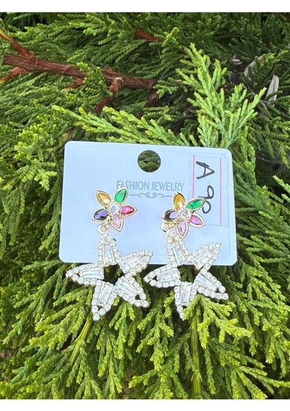 Renkli Taşlı Yıldız Tasarım Sallantılı Küpe L Işıltılı ve Zarif Aksesuar modelleri