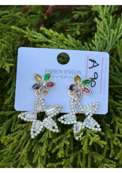 Renkli Taşlı Yıldız Tasarım Sallantılı Küpe L Işıltılı ve Zarif Aksesuar fırsatları