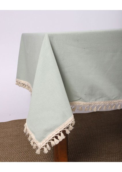 Yeşil Adaçayı Ponponlu Şık Masa Örtüsü, Ev ve Davetler Için.