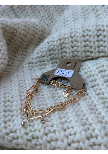 Altın Renk Çelik Zincir Detaylı Taşlı Kombin Bileklik