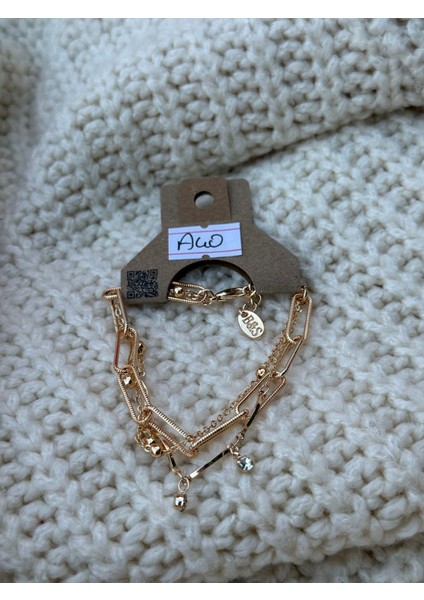 Altın Renk Çelik Zincir Detaylı Taşlı Kombin Bileklik fiyatları