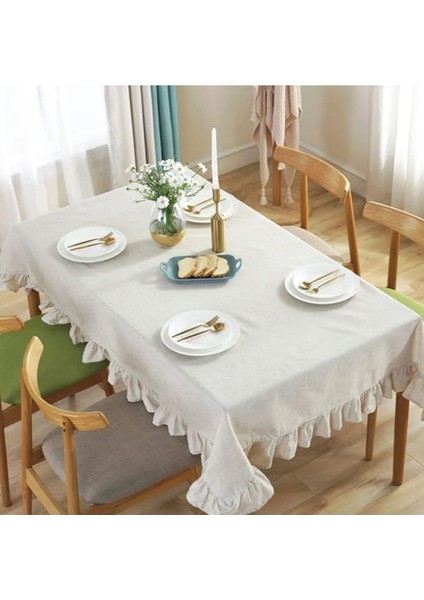Fırfırlı Naturel Vintage Keten Masa Örtüsü, Şık ve Çeyizlik Soft Kumaş.