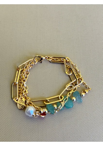 Altın Kaplama Zincir Detaylı Doğal Taşlı Kombin Bileklik