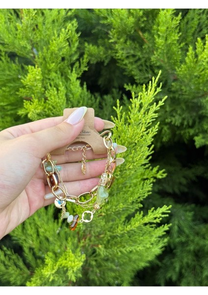 Gold Kaplama Zincirli Doğal Taş Detaylı Kombin Bileklik – Ayarlanabilir fiyatları
