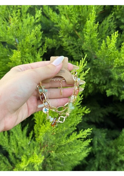Gold Kaplama Zincirli Doğal Taş Detaylı Kombin Bileklik – Ayarlanabilir modelleri