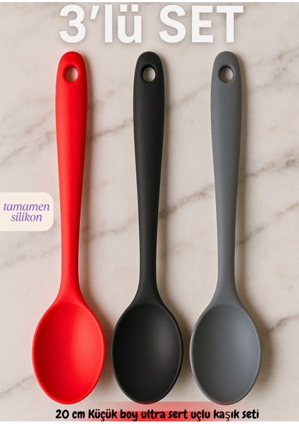 Boyuna Bak 3’lü Silikon Servis Kaşığı Seti, 20 Cm, Ultra Sert Uç, Yanmaz ve Yapışmaz