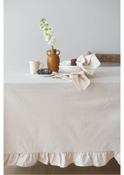 Keten Fırfırlı Bej Masa Örtüsü, Şık ve Zarif Dekorasyon Için Ideal Seçim indirimleri