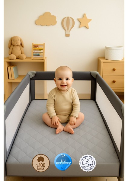 Yumuşak Pamuk Kapitone Bebek ve Çocuk Su Geçirmez Yatak Alezi, Gri Renk