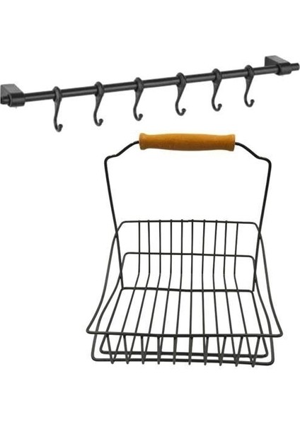 Omb Store Retro Ferforje Askılı Siyah Ahşap Kulplu Düzenleyici Mutfak Sepeti