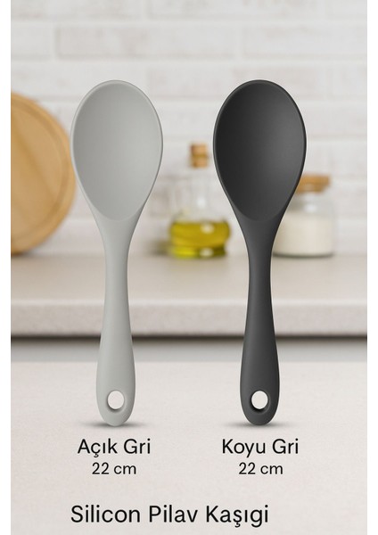 2'li 22 cm Gri Silikon Pilav Servis Kaşığı Seti, Isıya Dayanıklı, Ergonomik Tasarım