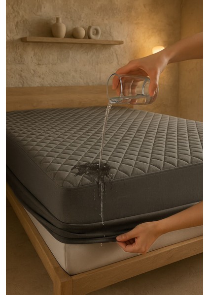 Pamuklu Kapitone Yatak Alezi, Tam Kenar, Sıvı Geçirmez, Koruyucu, Gri