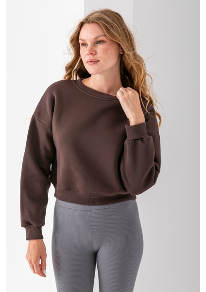 Kadın Bisiklet Yaka Kelebek Aksesuarlı 3ip Crop Sweatshirt Kahverengi - 2670 fiyatları