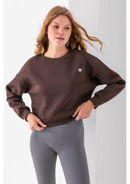 Kadın Bisiklet Yaka Kelebek Aksesuarlı 3ip Crop Sweatshirt Kahverengi - 2670 modelleri