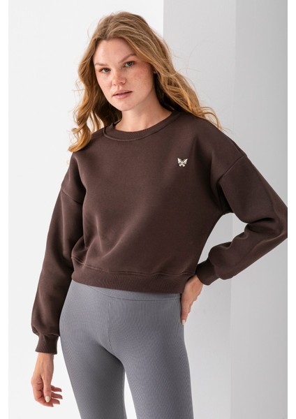 Kadın Bisiklet Yaka Kelebek Aksesuarlı 3ip Crop Sweatshirt Kahverengi - 2670 fırsatları
