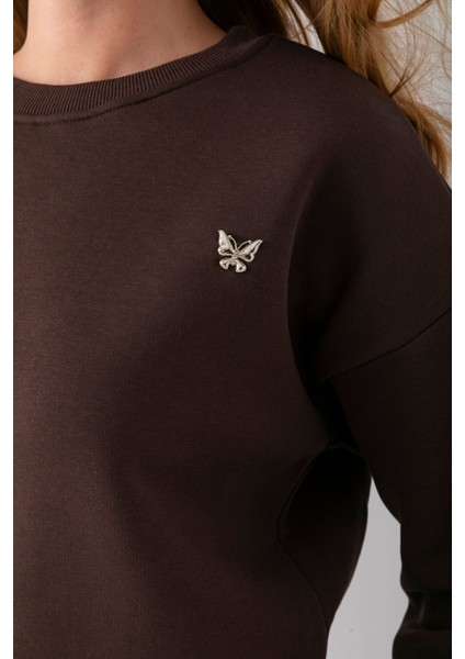 Kadın Bisiklet Yaka Kelebek Aksesuarlı 3ip Crop Sweatshirt Kahverengi - 2670