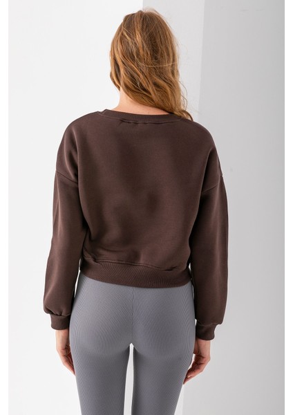 Kadın Bisiklet Yaka Kelebek Aksesuarlı 3ip Crop Sweatshirt Kahverengi - 2670