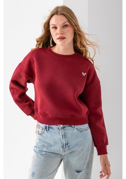 Kadın Bisiklet Yaka Kelebek Aksesuarlı 3ip Crop Sweatshirt Bordo - 2670