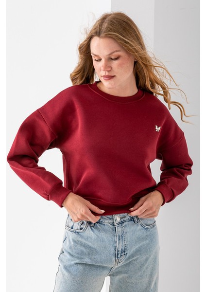 Kadın Bisiklet Yaka Kelebek Aksesuarlı 3ip Crop Sweatshirt Bordo - 2670 modelleri