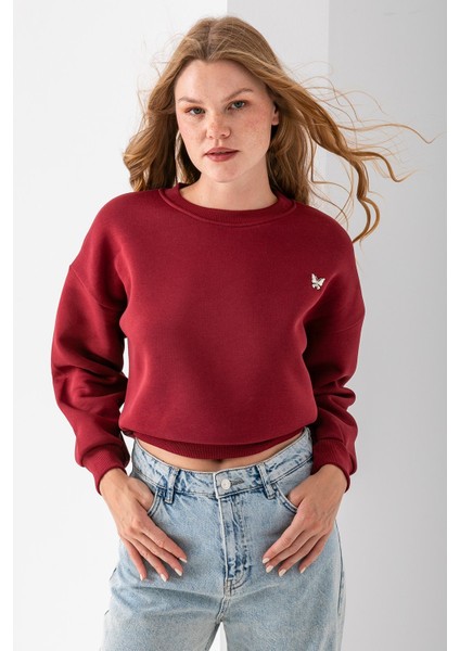 Kadın Bisiklet Yaka Kelebek Aksesuarlı 3ip Crop Sweatshirt Bordo - 2670 fırsatları