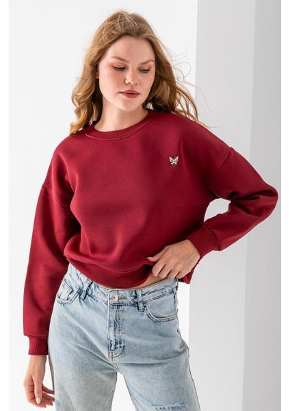 Kadın Bisiklet Yaka Kelebek Aksesuarlı 3ip Crop Sweatshirt Bordo - 2670