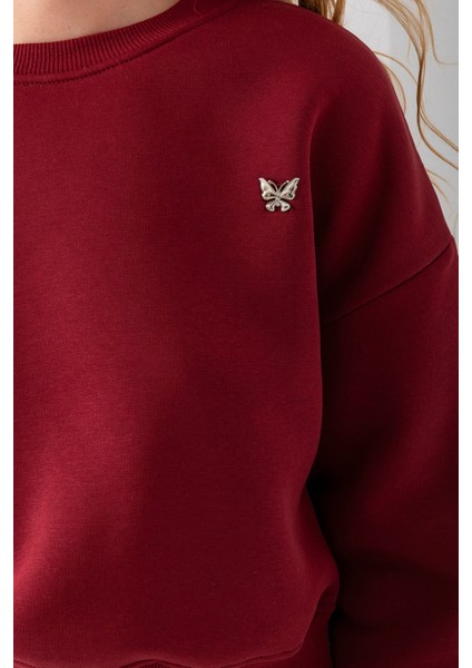 Kadın Bisiklet Yaka Kelebek Aksesuarlı 3ip Crop Sweatshirt Bordo - 2670