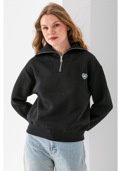 Kadın Yarım Fermuarlı Taşlı Kalp Nakışlı 3ip Sweatshirt Siyah - 2665