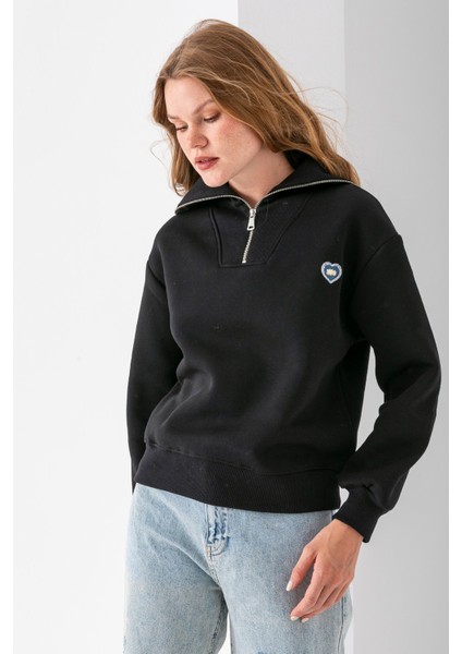 Kadın Yarım Fermuarlı Taşlı Kalp Nakışlı 3ip Sweatshirt Siyah - 2665 fiyatları