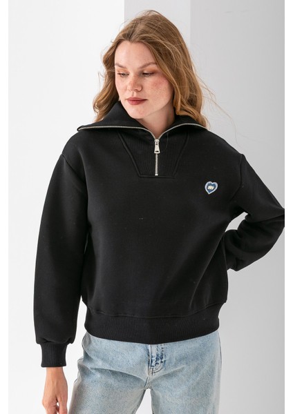 Kadın Yarım Fermuarlı Taşlı Kalp Nakışlı 3ip Sweatshirt Siyah - 2665 modelleri