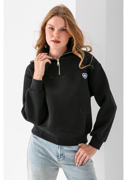 Kadın Yarım Fermuarlı Taşlı Kalp Nakışlı 3ip Sweatshirt Siyah - 2665 fırsatları