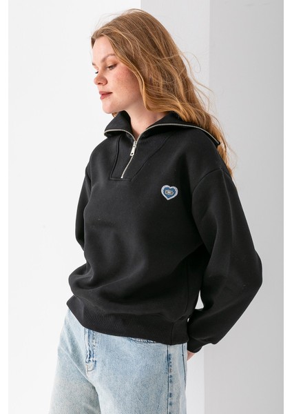 Kadın Yarım Fermuarlı Taşlı Kalp Nakışlı 3ip Sweatshirt Siyah - 2665 indirimleri