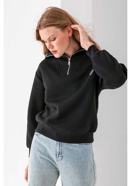 Kadın Yarım Fermuarlı Taşlı Kalp Nakışlı 3ip Sweatshirt Siyah - 2665
